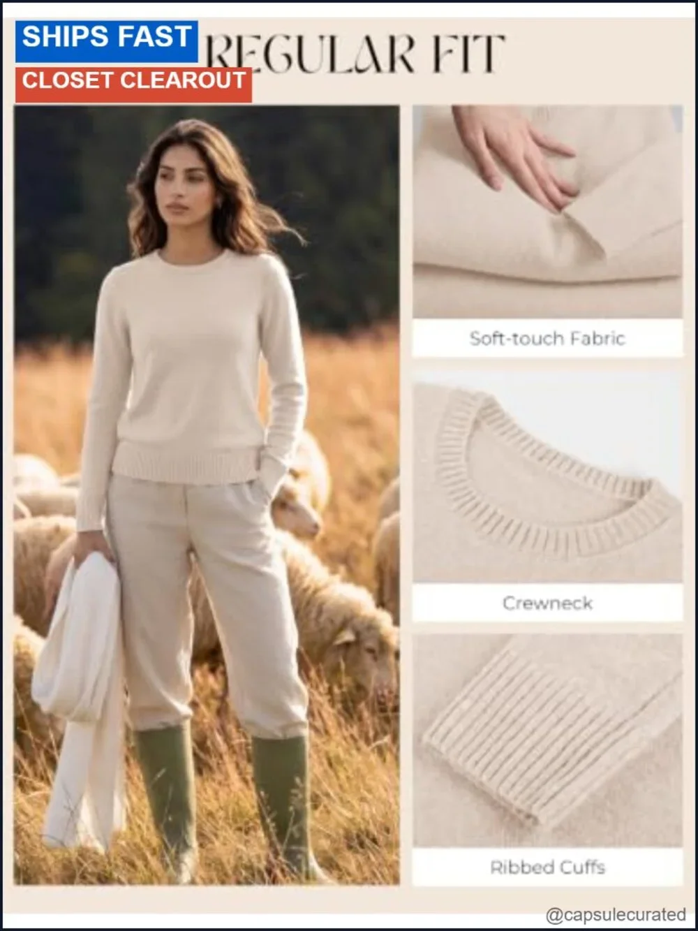 Cashmere Merino Wool Crewneck Pullover Sweater Long Sleeve Women